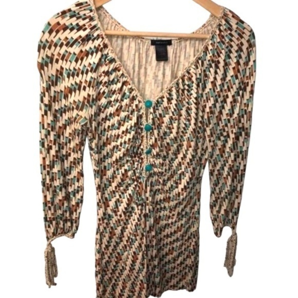Emphasis retro color print‎ jersey button blouse